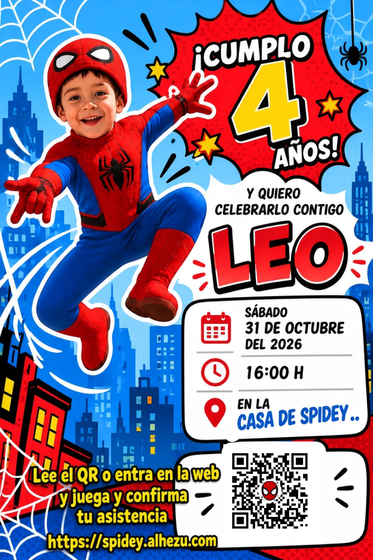 Invitación: ¡Cumple 4 años! Leo te invita el sábado 31 de octubre a las 16:00 h en la Casa de Spidey.